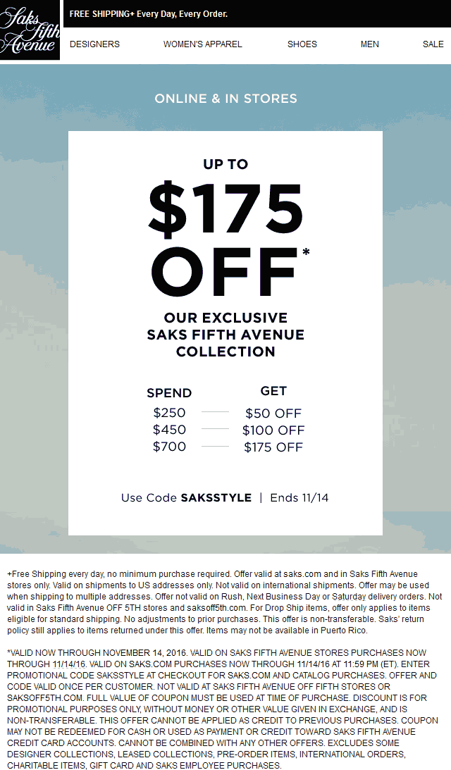 Saks Fifth Avenue coupons & promo code for [May 2024]