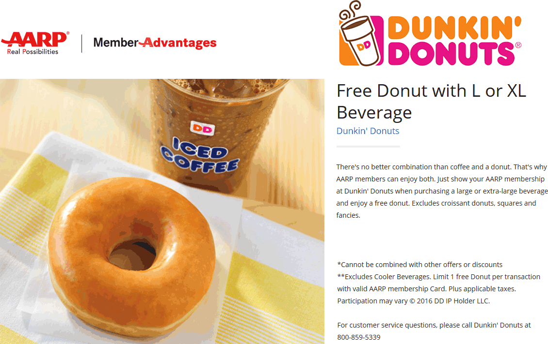 Dunkin Donuts Coupon March 2024 AARP members enjoy a free donut with your coffee at Dunkin Donuts