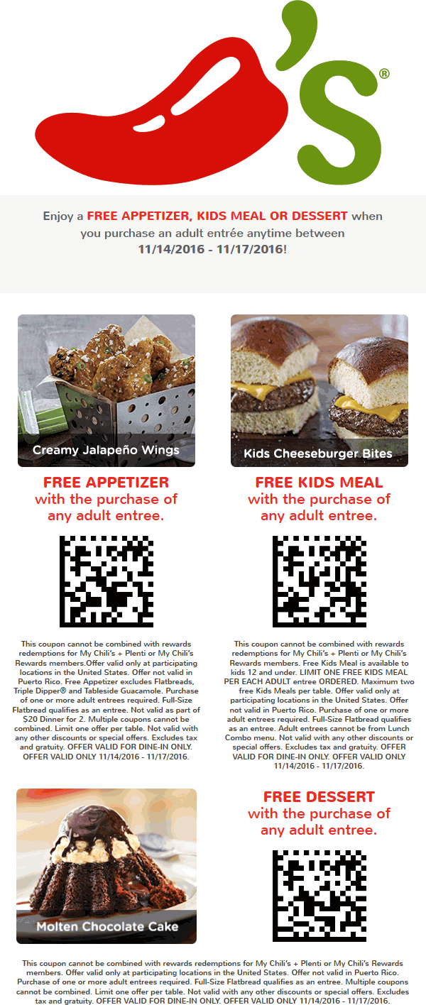 Chilis Coupon April 2024 Free appetizer, kids meal or dessert with your entree at Chilis
