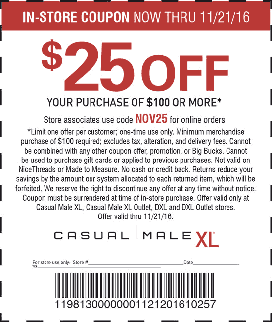 Casual Male XL Coupon April 2024 $25 off $100 at Casual Male XL, or online via promo code NOV25