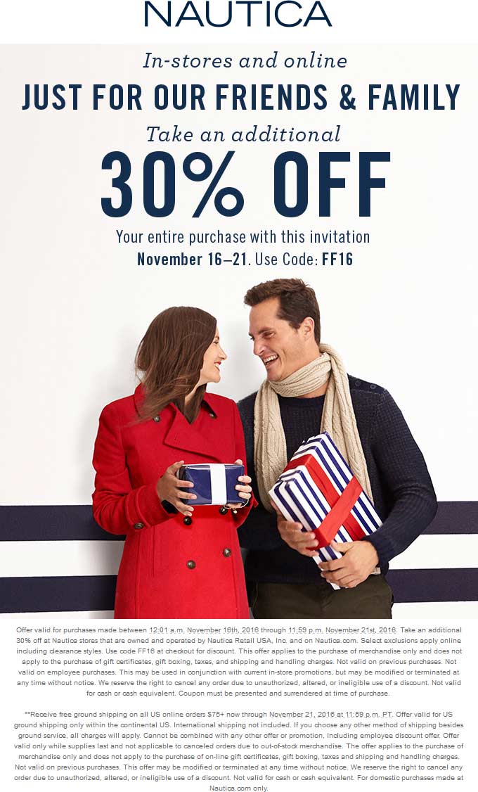 Nautica Coupon April 2024 Extra 30% off at Nautica, or online via promo code FF16