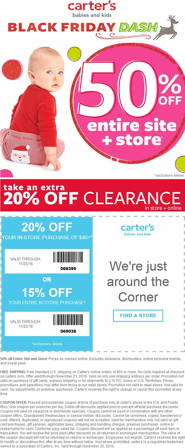 Carters Coupon March 2024 50% off everything + another 20% off $40 at Carters, ditto online