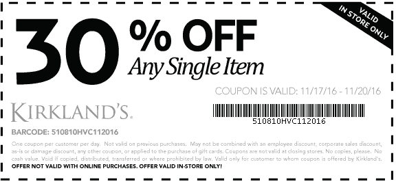 Kirklands Coupon April 2024 30% off a single item at Kirklands