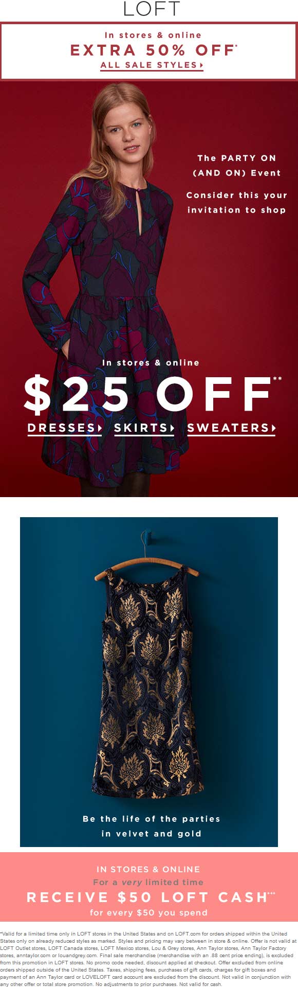 LOFT Coupon April 2024 Extra 50% off sale items at LOFT, ditto online - also $50 store cash on every $50 spent