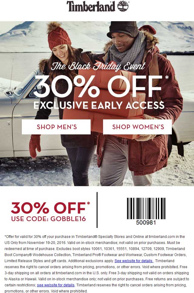 Timberland Coupon April 2024 30% off today at Timberland, or online via promo code GOBBLE16