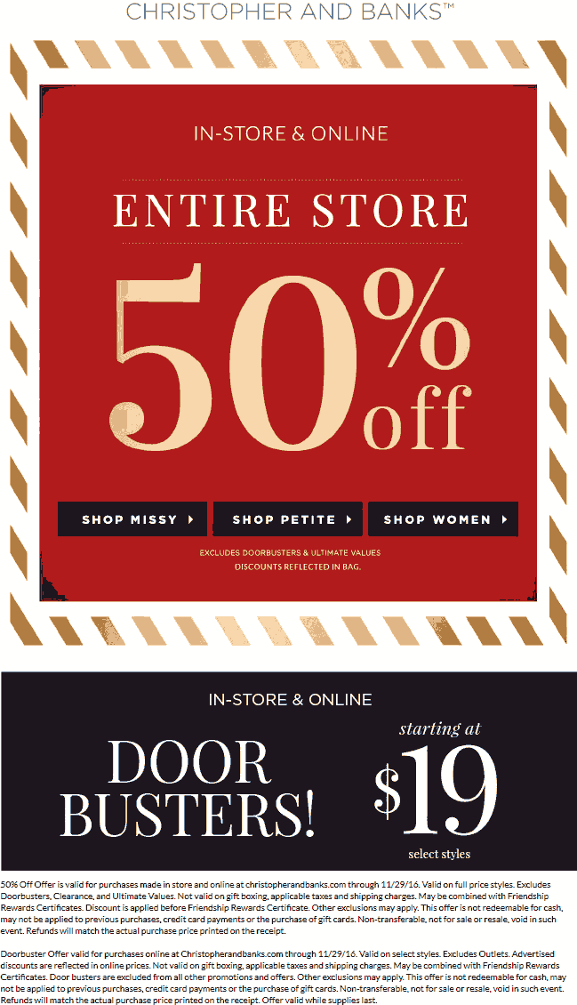 Christopher & Banks Coupon April 2024 Everything is 50% off at Christopher & Banks, ditto online