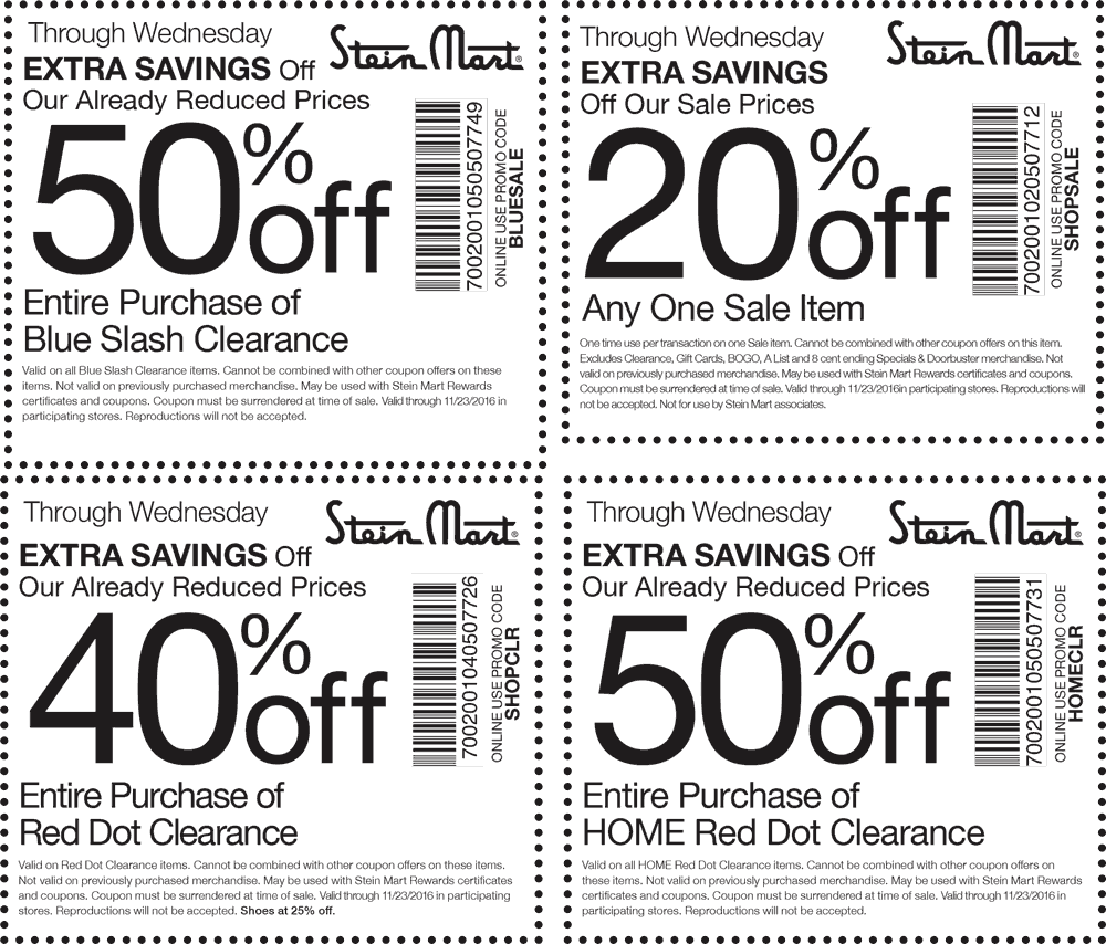Stein Mart Coupon April 2024 20-50% off at Stein Mart, or online via promo code SHOPSALE