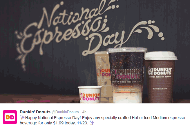 Dunkin Donuts Coupon April 2024 $2 medium espresso drinks today at Dunkin Donuts