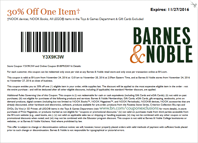 Barnes & Noble Coupon April 2024 30% off a single item at Barnes & Noble, or online via promo code BNFRIDAY16