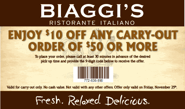 Biaggis Coupon April 2024 $10 off $50 on takeout Friday at Biaggis restaurants
