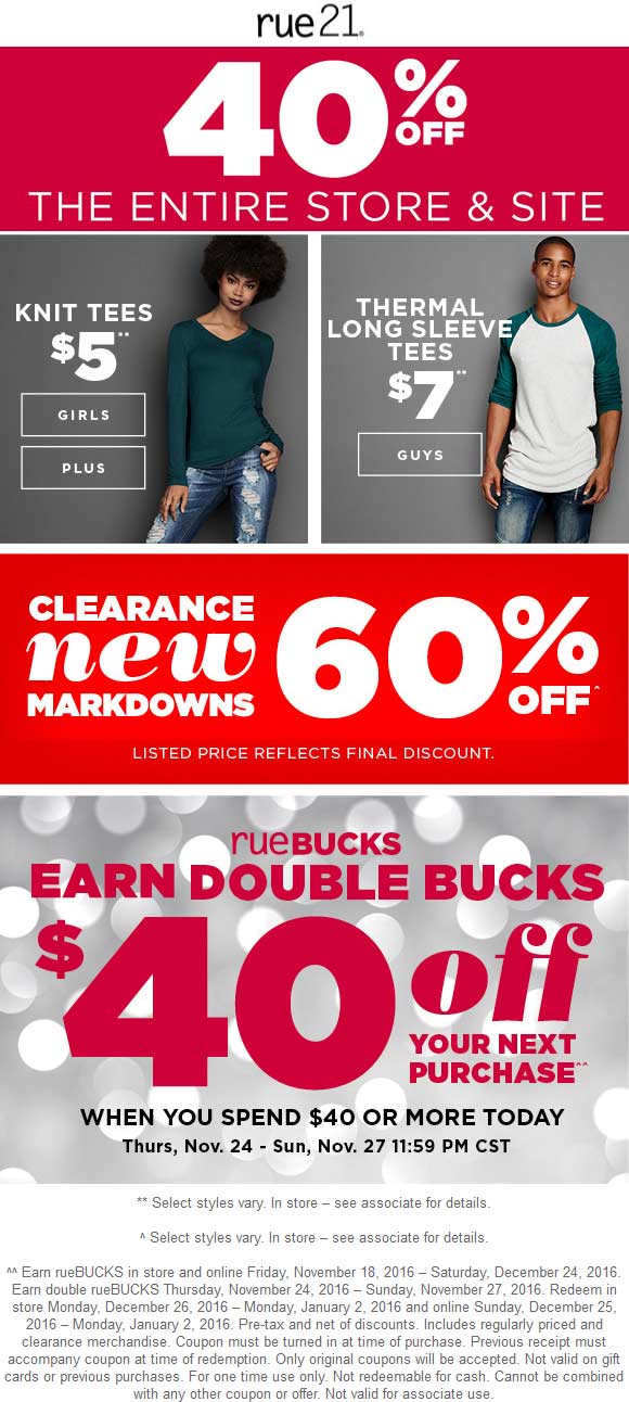 Rue21 Coupon April 2024 40% off everything + $40 store bucks on $40 spent + 60% off clearance at rue21, ditto online