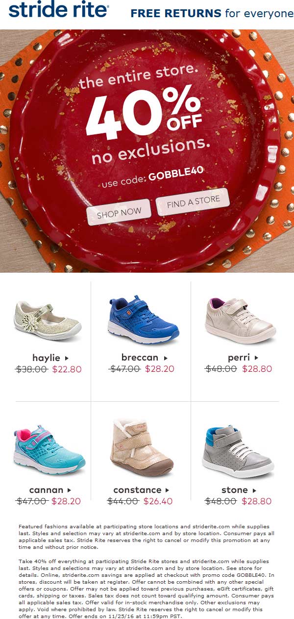 Stride Rite Coupon April 2024 40% off everything at Stride Rite, or online via promo code GOBBLE40