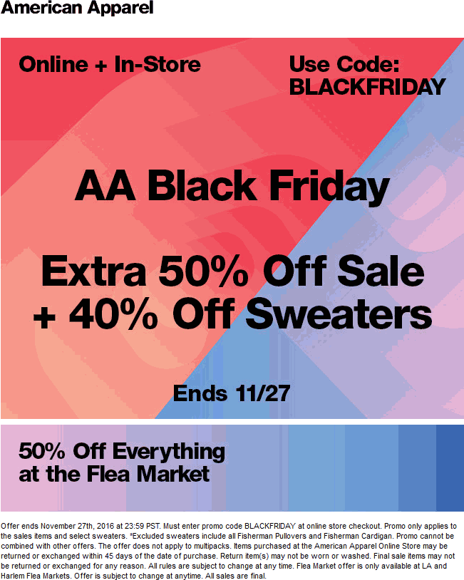 American Apparel Coupon May 2024 50% off at American Apparel, or online via promo code BLACKFRIDAY