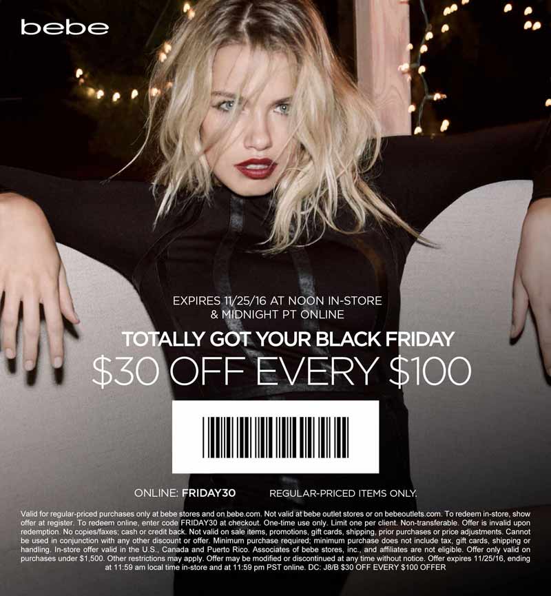Bebe Coupon April 2024 $30 off every $100 at bebe, or online via promo code FRIDAY30