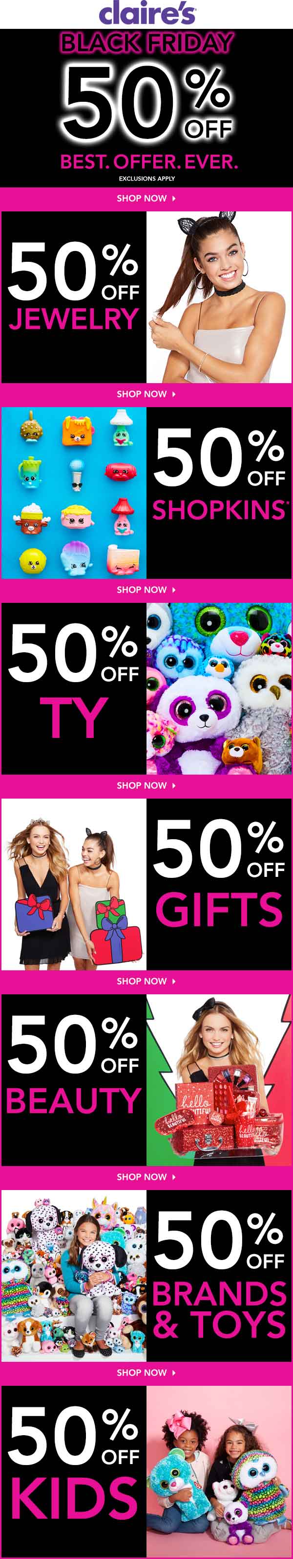 Claires Coupon April 2024 Everything is 50% off online today at Claires