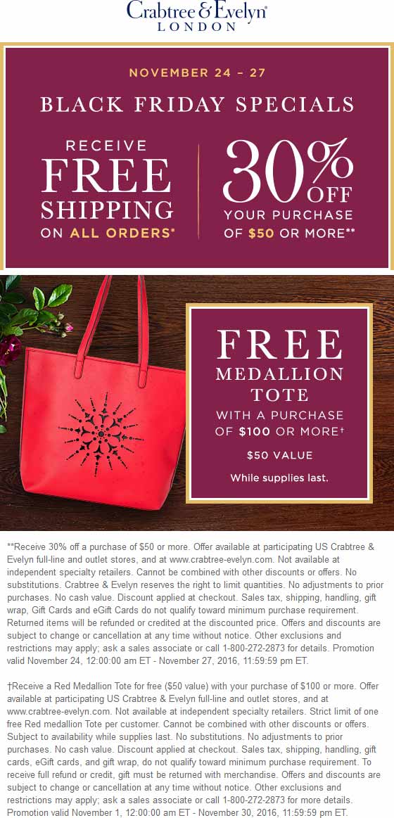 Crabtree & Evelyn Coupon April 2024 30% off $50 also $50 tote free with $100 spent at Crabtree & Evelyn, ditto online