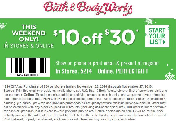 Bath & Body Works Coupon April 2024 $10 off $30 at Bath & Body Works, or online via promo code PERFECTGIFT