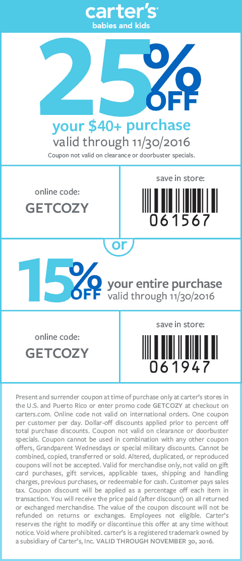 Carters Coupon March 2024 15-25% off at Carters, or online via promo code GETCOZY