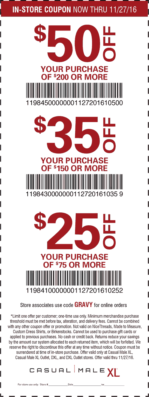 Casual Male XL Coupon April 2024 $25 off $75 & more today at Casual Male XL, or online via promo code GRAVY