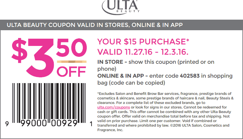 Ulta Beauty Coupon May 2024 $3 off $15 at Ulta Beauty, or online via promo code 402583