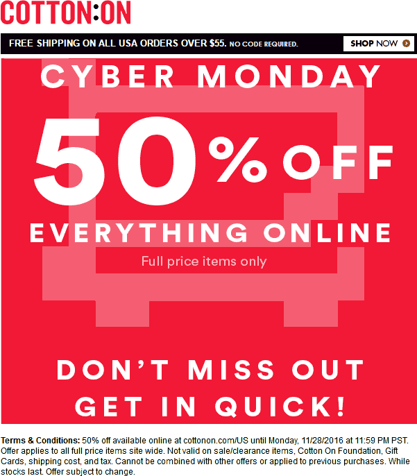 Cotton On Coupon March 2024 50% off everything online today at Cotton On