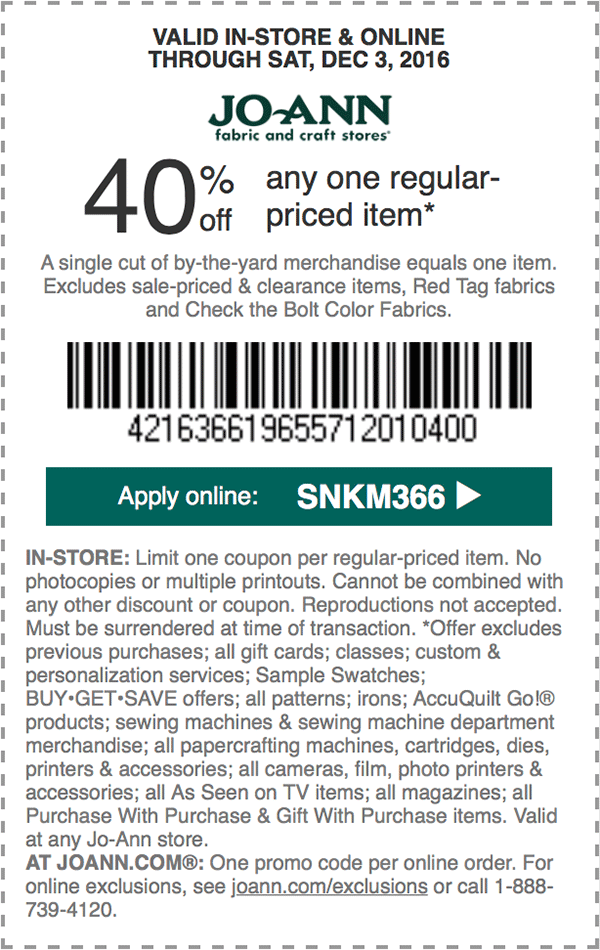 Jo-Ann Fabric Coupon April 2024 40% off a single item at Jo-Ann Fabric, or online via promo code SNKM366