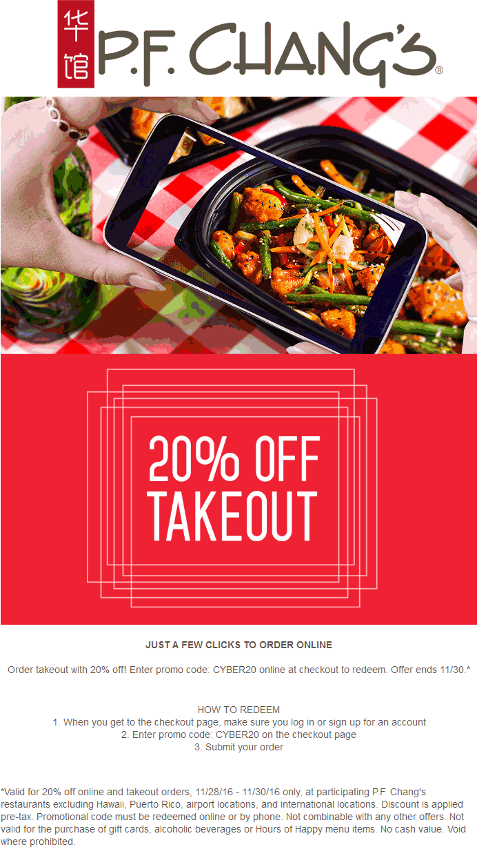P.F. Changs Coupon April 2024 20% off takeout at P.F. Changs via promo code CYBER20