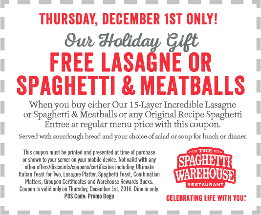Spaghetti Warehouse Coupon April 2024 Second lasagna or spaghetti free Thursday at Spaghetti Warehouse