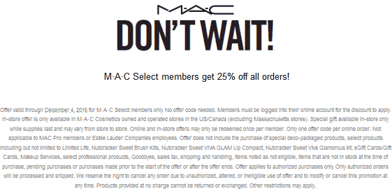 MÂ·AÂ·C Cosmetics Coupon May 2024 25% off everything for free members at MÂ·AÂ·C Cosmetics, ditto online