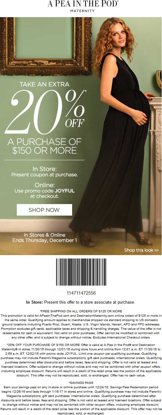 A Pea in the Pod Coupon April 2024 20% off $150 at A Pea in the Pod & Destination Maternity, or online via promo code JOYFUL