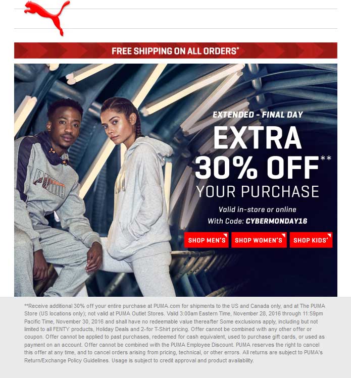 Puma Coupon April 2024 Extra 30% off today at Puma, or online via promo code CYBERMONDAY16