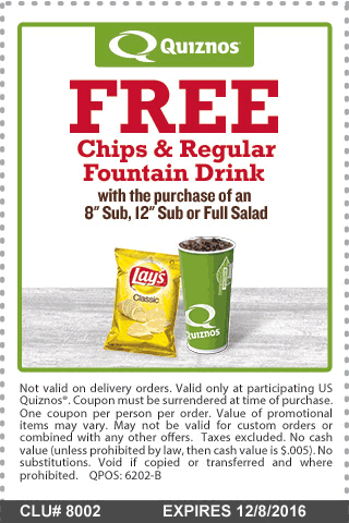 Quiznos Coupon April 2024 Chips & drink free with your sub or salad at Quiznos