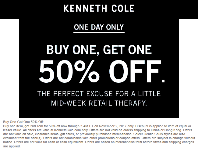Kenneth Cole Coupon April 2024 Second item 50% off online today at Kenneth Cole