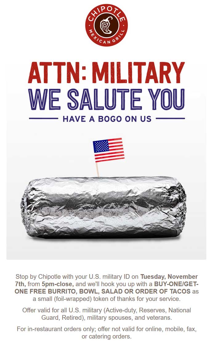 Chipotle Coupon April 2024 Military enjoy a second free burrito Tuesday at Chipotle