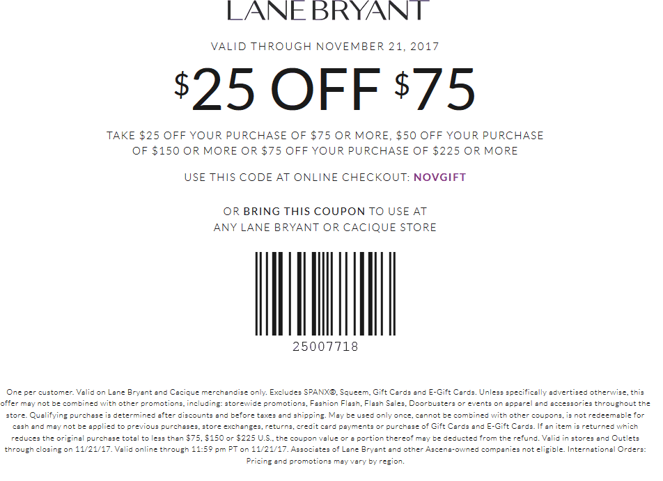 Lane Bryant Coupon April 2024 $25 off $75 & more at Lane Bryant, or online via promo code NOVGIFT