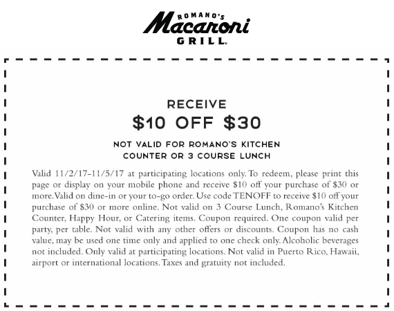 Macaroni Grill Coupon March 2024 $10 off $30 at Macaroni Grill