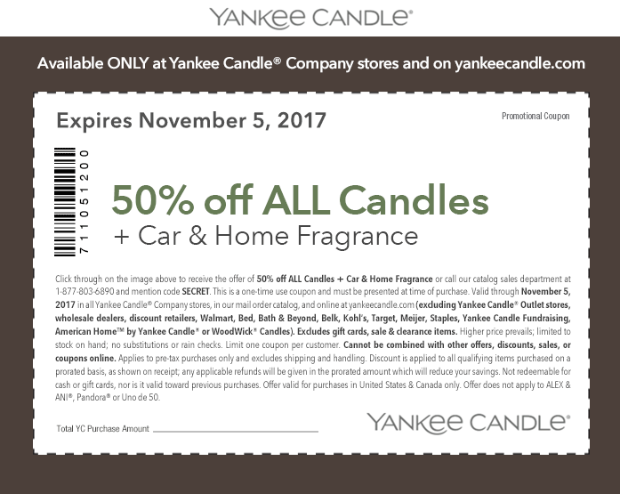 Yankee Candle Coupon March 2024 50% off all candles at Yankee Candle, or online via promo code SECRET