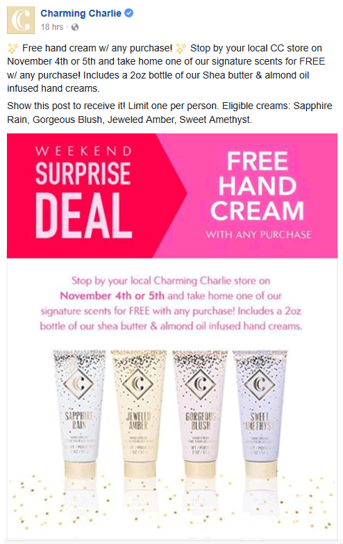 Charming Charlie Coupon April 2024 Free lotion with any purchase at Charming Charlie