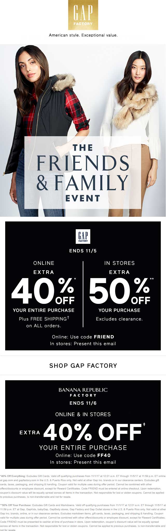 Gap Coupon April 2024 50% off today at Gap, GapKids, babyGap, GapBody stores, Gap Factory and Gap Outlet, or online via promo code FRIEND