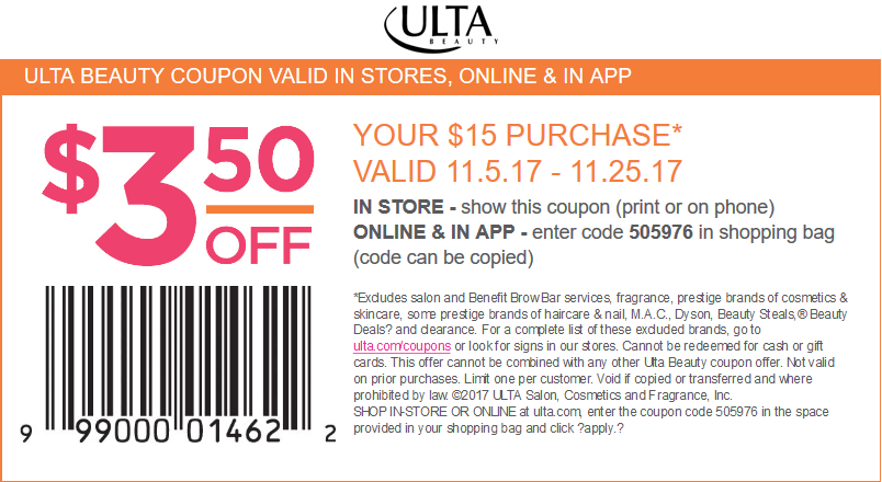 Ulta Beauty Coupon April 2024 $3.50 off $15 at Ulta Beauty, or online via promo code 505976