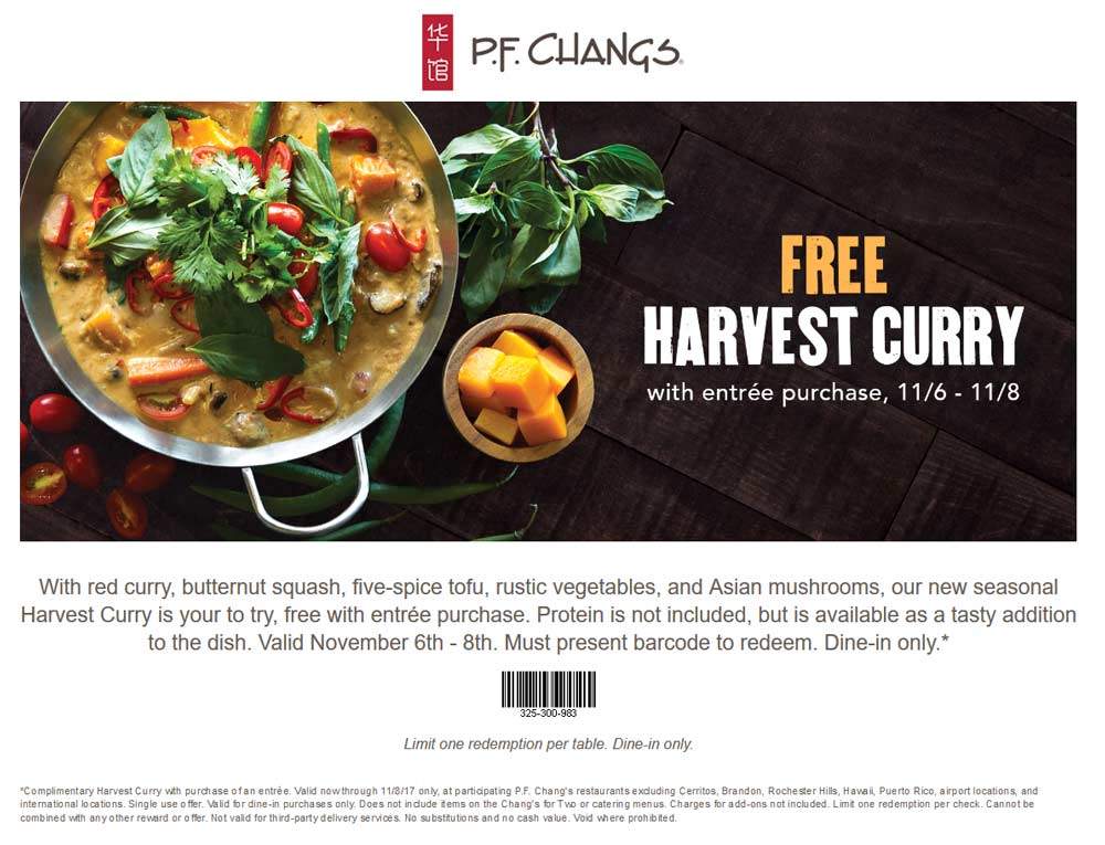 P.F. Changs Coupon April 2024 Free harvest curry with your entree at P.F. Changs