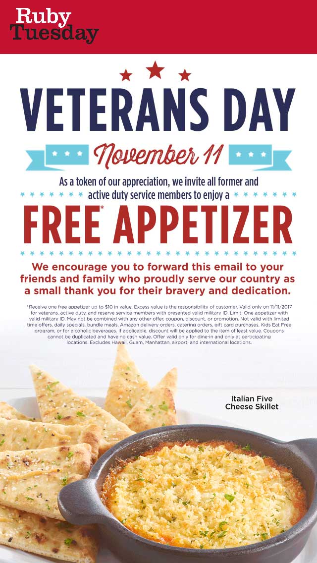 Ruby Tuesday Coupon March 2024 Veterans enjoy a free appetizer Saturday at Ruby Tuesday