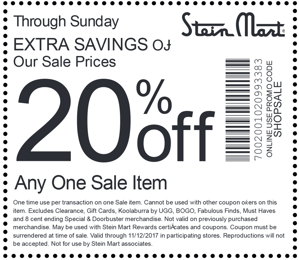 Stein Mart Coupon March 2024 20% off a single sale item at Stein Mart, or online via promo code SHOPSALE