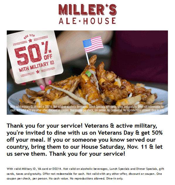 Millers Ale House Coupon April 2024 Veterans knock 50% off Saturday at Millers Ale House restaurants