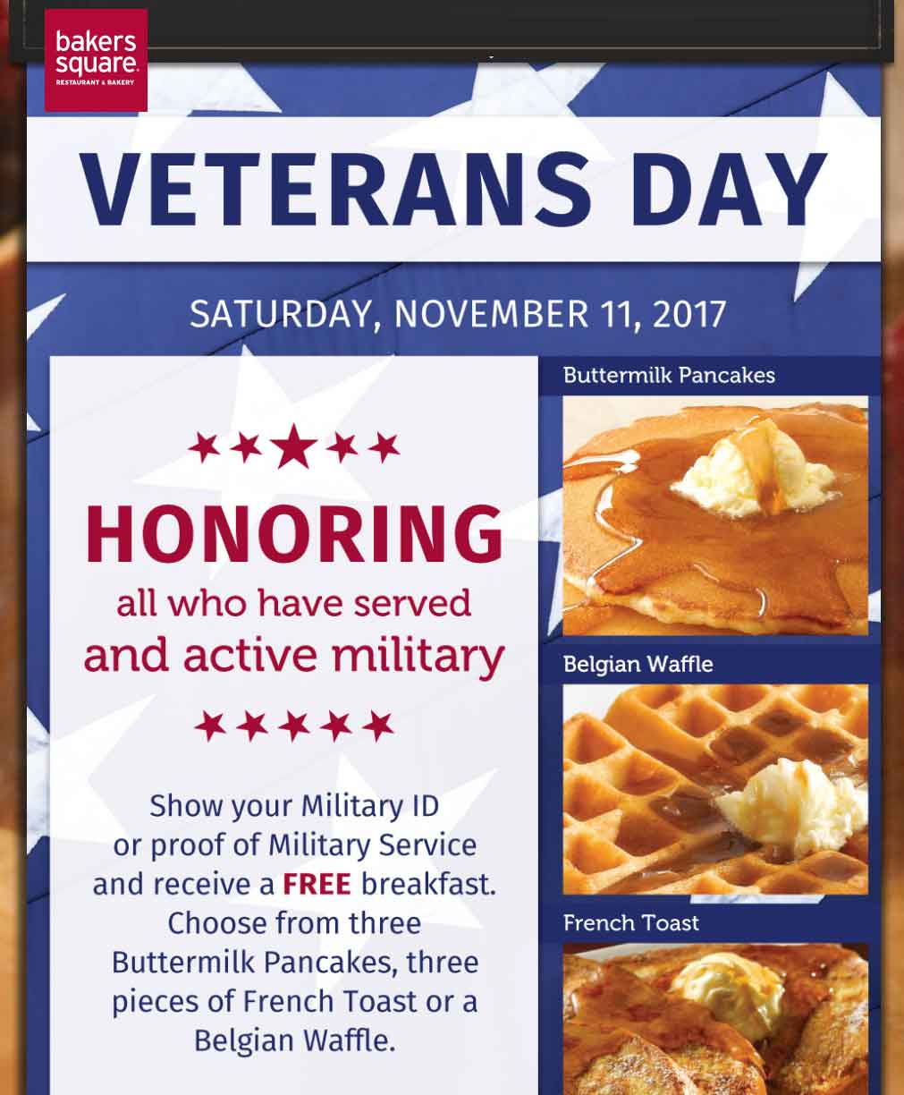 Bakers Square Coupon April 2024 Military ID gets you a free breakfast Saturday at Bakers Square