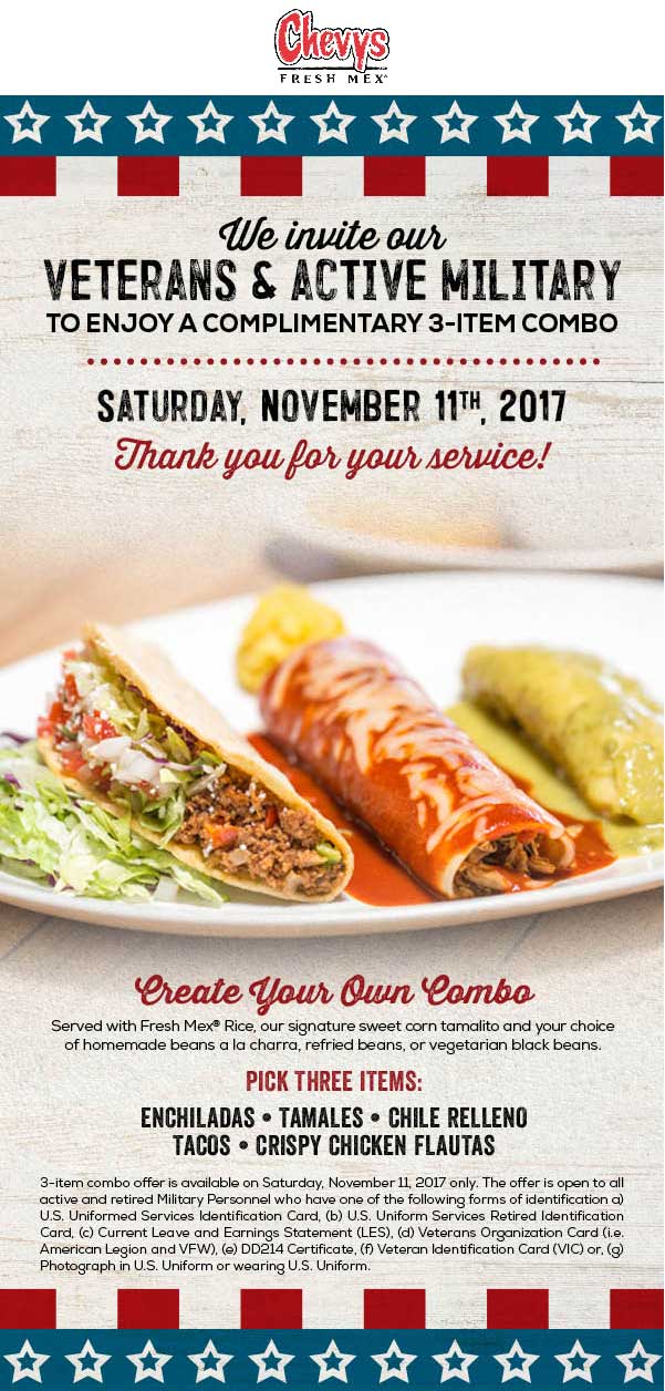 Chevys Fresh Mex Coupon April 2024 Military enjoy a 3-item combo meal free Saturday at Chevys Fresh Mex
