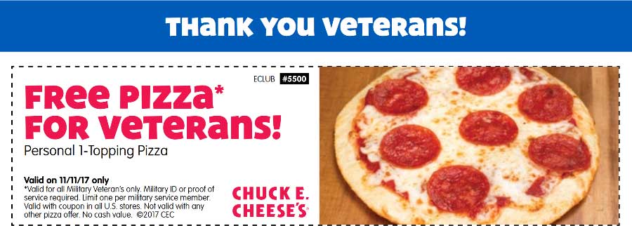 Chuck E. Cheese Coupon April 2024 Veterans get a free pizza Saturday at Chuck E. Cheese