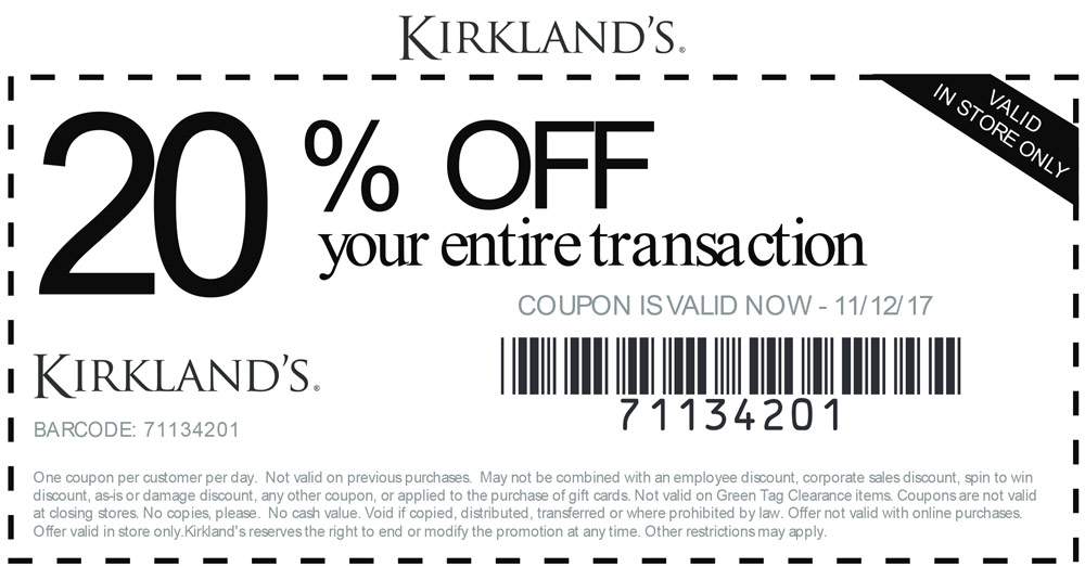 Kirkland Store Coupons Printable   November 2017 313 Kirklands Coupon 9568 