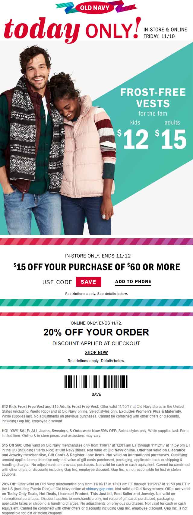 Old Navy Coupon March 2024 $15 Off $60 at Old Navy, or 20% online no code needed