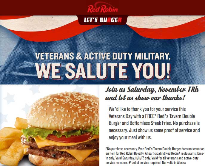 Red Robin Coupon April 2024 Free double burger + bottomless fries for military Saturday at Red Robin